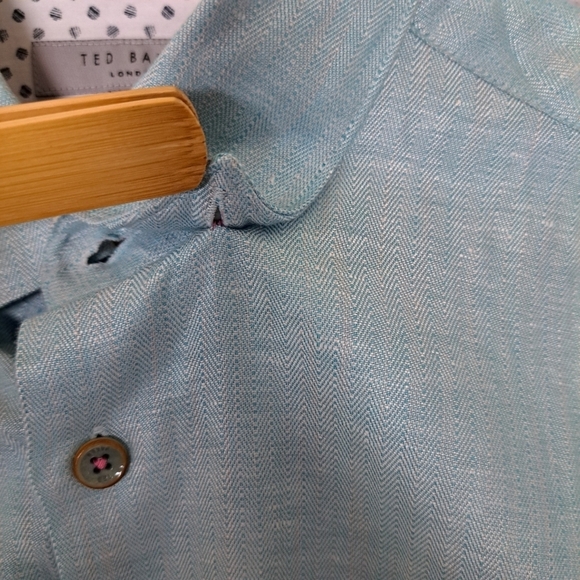 NWOT Ted Baker Men's 3 Linen/Cotton Blend Sea Foam Green Button Down Shirt - Picture 7 of 11